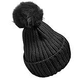 Plus Nao(プラスナオ) 子供用 ニット帽 ファーボンボン付き リブニット ワッチ ビーニー ニットキャップ キッズ ジュニア シンプル 無地 女の子 男の子 冬帽子 - ブラック