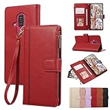 KW-LINK 用の らくらくスマートフォン F-53E ケース 手帳型 小銭入れ ファスナー型 ドコモ らくらくホン f53e ケース 携帯カバー docomo対応 らくらくホンF-53E ケース コインポケット カード収納 ドコモ F53E カバー スタンド機能 マグネット式 らくらくスマートフォンF-53E スマホケース 同色ストラップ付き 薄型 耐衝撃 - レッド