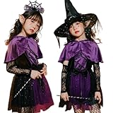 [JUNDOMECY] 魔女 コスプレ 子供 女の子 紫 可愛い ハロウィン 衣装 悪魔 魔法使い 5点セット キッズ コスチューム マント ドレス 帽子/カチューシャ 魔法の杖 イベント 仮装パティーン ステージ衣装 演出服 (帽子セットA, 140)