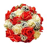 ロマンチックなウェディングブーケウェディングブライダルブーケ造花、レッドローズ 結婚式の花嫁のブーケ 人工花束