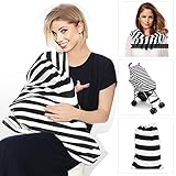 授乳ケープ ベビーカーカバー ショッピングカートカバー レディーススカーフ ポンチョ ストール 360度安心 収納袋付き 7-in-1 多機能 伸縮自在 出産祝い プレゼント 児童保護 (白黒のしま模