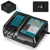 Abeden マキタ 充電器 18V 冷却ファン搭載 DC18RF 充電器 互換品 ファンスイッチ付き ON/OFF切り替え 液晶付き 14.4v 18v 3.5A マキタ18Vバッテリーチャージャー 充電完了メロディ 壁付け スマホ等充電用【USB充電ポート付】
