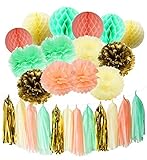 ブライダルシャワーDecorations独身パーティーデコレーションミントピーチゴールドHoneycomb Ballsティッシュペーパーポンポン付きゴールドのティッシュポンポン付きの最初誕生日装飾Pa