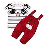 【SEBLES】ベビー 赤ちゃん オーバーオール Tシャツ セット ツーピース カジュアル 熊 クマ くま パンダ ぱんだ アニマル ユニセックス 春 夏 秋(ディープレッド,100cm)
