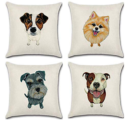 iHeth クッションカバー　北欧スタイル 犬の絵　亜麻　リネン　綿麻　座布団 車やソファー用枕カバ- 4枚セット　45cm*45cm
