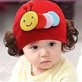 帽子 ベビー　キャップ キッズ　子供ハット かつら ウィッグ 付き 新生児 女の子 ヘアバンド ヘアアクセサリー かわいい昆虫 レッド