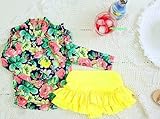 ブラウンズハーベスト 女の子 セパレート水着 花柄 ラッシュガード キャップ付き (L, ネイビー地花柄×イエロー)