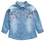 Plus Nao(プラスナオ) ダンガリーシャツ タンガリーシャツ デニムシャツ デニムブラウス ジーンズ 長袖 花柄刺繍 トップス 子供服 秋冬 女 - 140