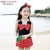 子供 女の子　連体　水着+ヘアバンド　2点セット　水着セット　連体 キッズ 水着 リボン　ドット柄　可愛い　フリル裾　スイムウェア　XS/S/M/L (L, 写真参照)