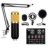 BM-800コンデンサーマイクセット、スタジオマイク、V8サウンドカードへのBluetooth接続、ポッドキャスト録音、スタジオ、ラジオ、ポッドキャスト録音、コンピューターゲーム用（アームスタンドとホルダー付き、ゴールド） DDF