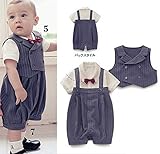 Honey baby ベビー カバーオール ロンパーススーツ ベスト 蝶ネクタイ フォーマル 男の子 紳士風 洋服 半袖 結婚式 誕生日 (80cm)