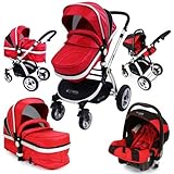 i-Safe System - Red Trio Travel System Pram & Luxury Stroller 3 in 1 Complete With Car Seat by iSafe
