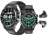 JUSUTEK 2025 高級 TWSイヤホン+スマートウォッチ，1.39インチ金属腕時計，歩数計，高解析非破壊音質 両耳イヤホン,Bluetooth5.0通話,天気予報，DIY文字盤，電卓，ストップウォッチ，消費カロリー， アラーム，着信電話，Line通知，iphone&アンドロイド対応，お贈り物，日本語説明書 (黒革)
