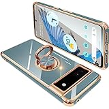 ONETIAOLONG に適合するGoogle Pixel7A 用のケース リング付き グーグル ピクセル 7A 用のリング カバー 耐衝撃 TPU メッキ加工 360°回転 スタンド機能 車載ホルダー ストラップホール付き（グレーブルー）