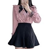 [YoniStar] 地雷系 量産型 ブラウス 服 地雷 レディース 地雷服 ピンク ロリータ トップス 長袖 リボンブラウス 量産服 かわいい ボウタイ レース フリルブラウス