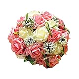 ロマンチックな ウェディングブーケ 結婚式ブライダルブーケ 人工花、ピンクローズ 結婚式の花嫁のブーケ 人工花束