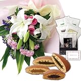 花とスイーツ ギフトセット 豪華 ユリ ピンクバラ 花束 と 京都　老舗　どら焼き 写真入り・名入れメッセージカード