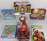 子供のおもちゃギフトバスケット – Smallぬいぐるみ人形、米国、Elmo SavesクリスマスDVD、3つのパズルクリスマスRudolph Pop Up Books、ホワイトワイヤバスケットW /