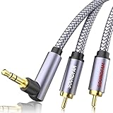 RCA 3.5mm の転換の音声ケーブル、SOUNDFAM 90 度 3.5mm への 2RCA 音声ケーブル、スマートな電話、MP3、タブレット、スピーカー、家の映画館、HDTV - グレー（3M）