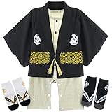 BECOS 赤ちゃん 着物 袴風 男の子 ロンパース・カバーオール ソックス付き (ブラック, 6-9ヶ月)