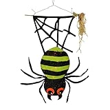 31" LED Lighted Lime Green and Black Striped Creepy Tinsel Hanging Spider Halloween Decoration [並行輸入