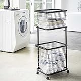 ランドリーバスケット ＆ ランドリーワゴン 3点セット 洗濯かご 洗濯物入れ 収納 2段 キャスター付き おしゃれ ブラック B078YNPLGT