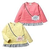 (ピンク/80cm)子供服 女の子 Tシャツ 長袖 ポシェット風 キャンディワッペン ストライプ 裾フリル 女児 ベビー