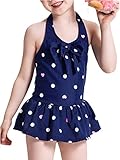 (ラウンドアース キッズ) Round Earth Kids キュート な ワンピース タイプ リボン 付き ドット柄 ホルターネック つなぎ 水着 S(80-90) ブルー