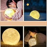 auwer 3dプリントMoon NightライトLEDランプ、ハンドショット調光機能付きタッチコントロール明るさホームデコレーションライトFestival Gift with木製マウント、USB充電