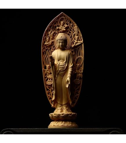 Amazon｜仏像 阿弥陀如来 浄土宗 舟形立像 柘植の木 木彫り 蓮華
