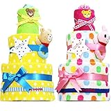 mikihouse(ミキハウス) おむつケーキ 出産祝い 名入れ刺繍 3段 オムツケーキ 今治タオル imabari towel (メリーズテープタイプＭサイズ, ピンクのリボン 女の子向け)