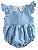 C-Princess ベビー デニム 半袖 ロンパース ボディスーツ カバーオール ショートオール 新生児 赤ちゃん 女の子 連体服 肌着 フリル 可愛い ブルー