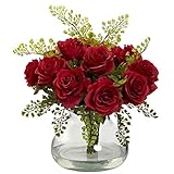 Nearly Natural 1366-RD Rose and Maiden Hair Arrangement with Vase, Red [並行輸入品]