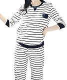 妊婦 用 ボーダー マタニティ ルーム ウェア 授乳服 パジャマ 家着 (ホワイト L)