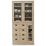 食器棚 ヴィンテージ風 リアル木目調 カップボードタイプ 可動棚 ネームタグ付き 引き出し2杯 幅90cm 上段A+下段A オーク