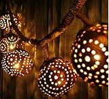 HangingストランドポーチTiki照明ライト文字列ナチュラル木製ココナッツシェルランプタイ5 Globes