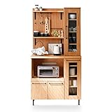 LOWYA （ロウヤ） 食器棚 レンジ台 キッチン収納 木製 天然木 タモ材 スチール脚 スライド棚 コンセント付 キャビネット Dtype 幅89cm 高さ179cm ナチュラル/ブラック おしゃれ