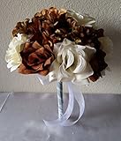 ブラウンベージュアイボリーローズ紫陽花ブライダルウェディングブーケ&ブートニア 12" Bouquet