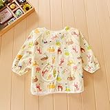 幼児 子供 エプロン ベビー 長袖 スモック 食事用 お絵かき用 泥遊び用 入園 保育園用 1-2歳 (動物園（イエロー）)