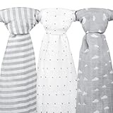 Muslin Baby Swaddle Blankets 47x47 (3 Pack) Grey Cloud Stripe & Stars [並行輸入品]