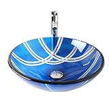 Homelava 現代　手洗い器　蛇口付き　洗面ボウル　洗面器　バスルーム　洗面台　洗面用　強化ガラス製　円形　排水金具付　ブルー