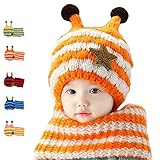 AStorePlusストライプHoneybeeスタイル赤ちゃん帽子スカーフset-キッズ冬暖かいニットフリースライニングイヤーフラップハット、ニットスカーフセット