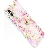 YUYIB iPhone XS ケース iPhone X ケース リング かわいい 花柄 ハードカバー ディズニー おしゃれ キャラクター 女性人気 耐衝撃 スマホケース アイフォンXs カバー (iPhone X/XS, ピンク-花)
