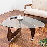 【デザインが素晴らしいデザイナーズテーブル イサムノグチの名作】 お洒落なセンターテーブル ガラスと木目の異素材融合デザイン 曲線美 三角非対称テーブル ぐらつき防止アジャスター リプロダクト ウォルナット色