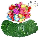 60 Pcs Tropical Party Decoration Supplies 8 Tropical Palm Leaves and Hibiscus Flowers Simulation Lea