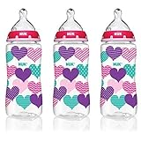NUK Orthodontic Perfect Fit Nipple Wide Neck Bottle, Hearts, 10oz, 3 Count by NUK