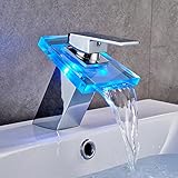 立水栓 LED RGBライトウォールフォールグラスバスルームシンク蛇口シングルハンドル洗面所流域ミキサータップ温度制御自動色変更蛇口（170 * 126 * 123mm）