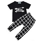 【ノーブランド 品】ラウンドネック　コットン　アロー柄　半袖　タータンチェック　ズボン　子供セット　全4サイズ - Jaune, 100