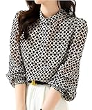 [Four leaf] [フォーリーフ] ブラウス シャツ プルオーバー レディース トップス 長袖 ボリューム袖 スタンドカラー 大人 上品 幾何学柄 春夏 (L, 黒)