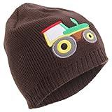 キッズ・子供用 フリース裏地 刺繍入り ニット帽 ビーニー ニットキャップ 冬 防寒 男の子 (ワンサイズ) (ブラウン(トラクター))